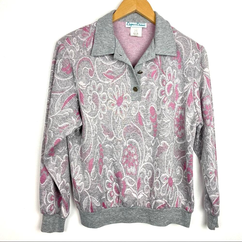 Vintage Pink & Metallic Silver Sweatshirt 80s Floral Pullover